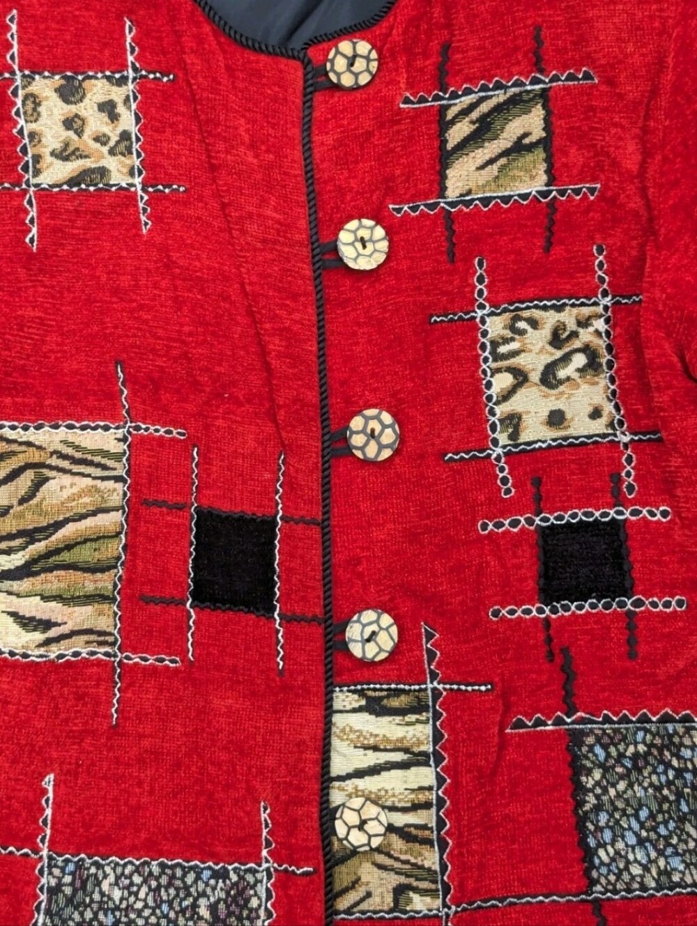 ALEX KIM ALLURE Vintage Red Art To Wear Animal Patchwork Button Loop Jacket LG - Picture 5 of 13